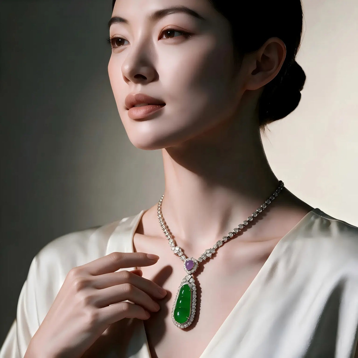 Burmese Imperial Green Jadeite Fortune Bean Necklace Suite