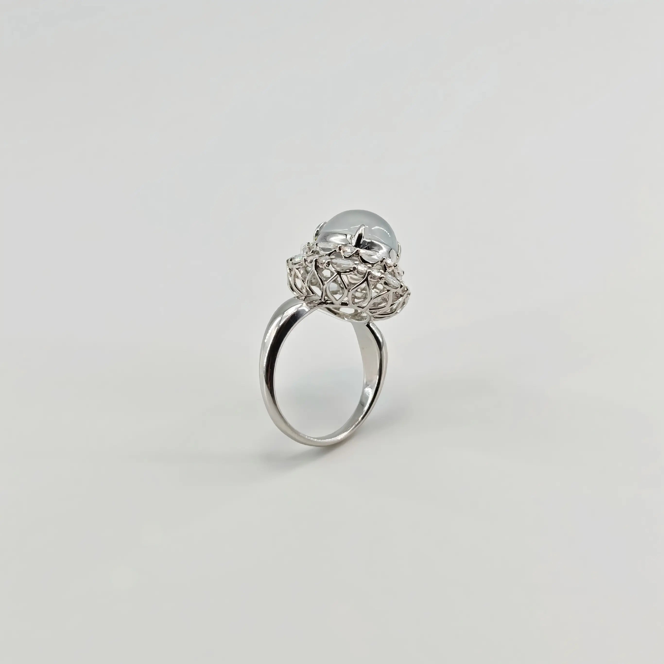 Myanmar White Ice Cabochon Jadeite Ring