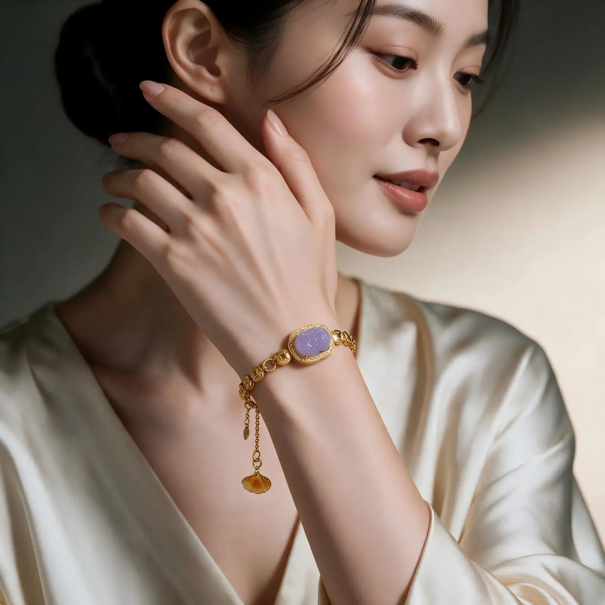 Burmese Icy Glossy Deep Lavender Jadeite Pixiu Bracelet