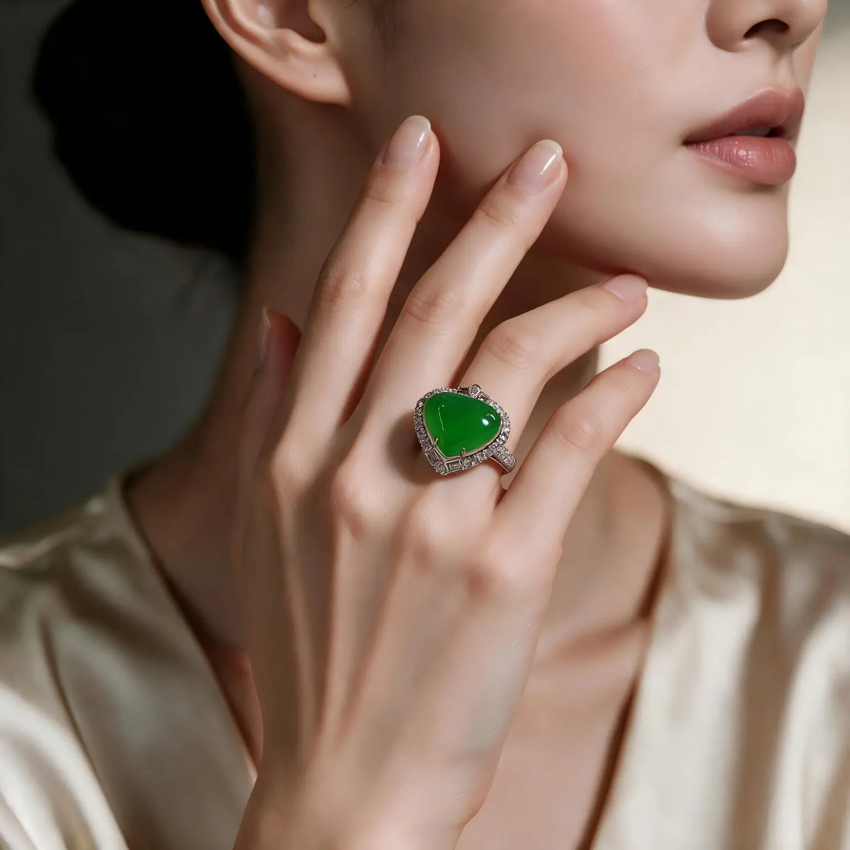 Burmese Imperial Green Jadeite Heart Cabochon Ring