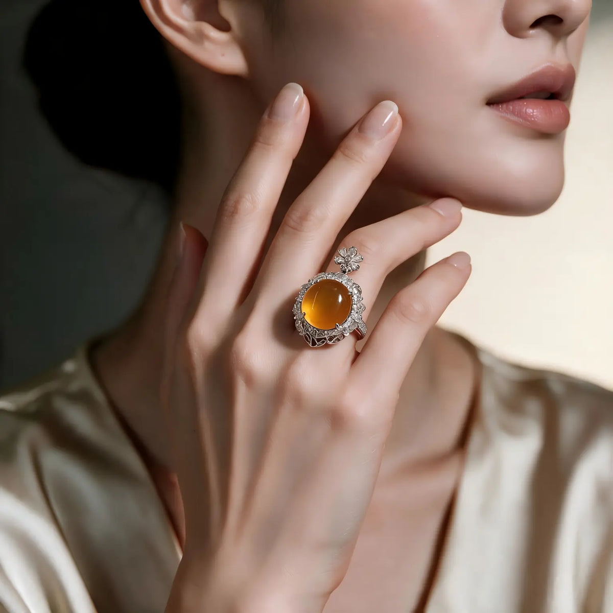 Burmese Orange Yellow Cabochon Jadeite Ring