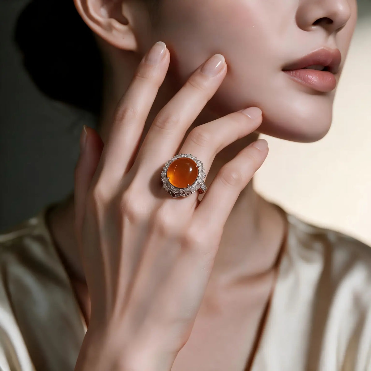 Myanmar Orange Yellow Cabochon Jadeite Ring